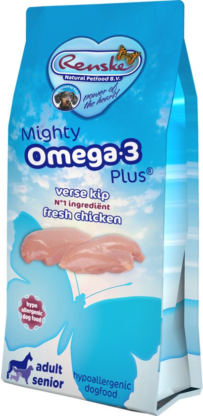 Renske Mighty Omega Plus - Hondenvoer Hypoallergeen - Kip 12 kg verpakking met verse kip, geschikt voor honden.