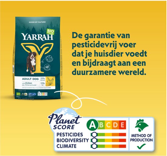 Yarrah Dog Biologische Brokken Kip 10 kg verpakking met informatie over duurzaamheid en pesticidevrij voer.
