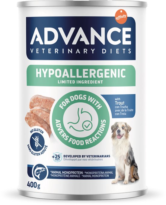 Advance veterinary diet dog hypoallergenic trout blik 400g voor honden met voedselovergevoeligheid.
