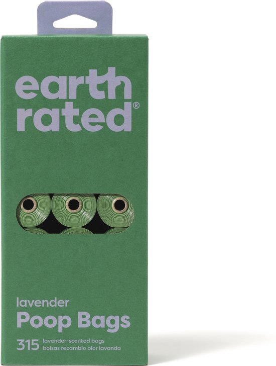 Gerecycleerde poepzakjes lavendel verpakking van Earth Rated met 315 zakjes.