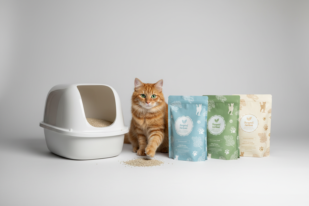 Katten met kattenbakvulling en verschillende verpakkingen kattenbakvulling op de achtergrond.