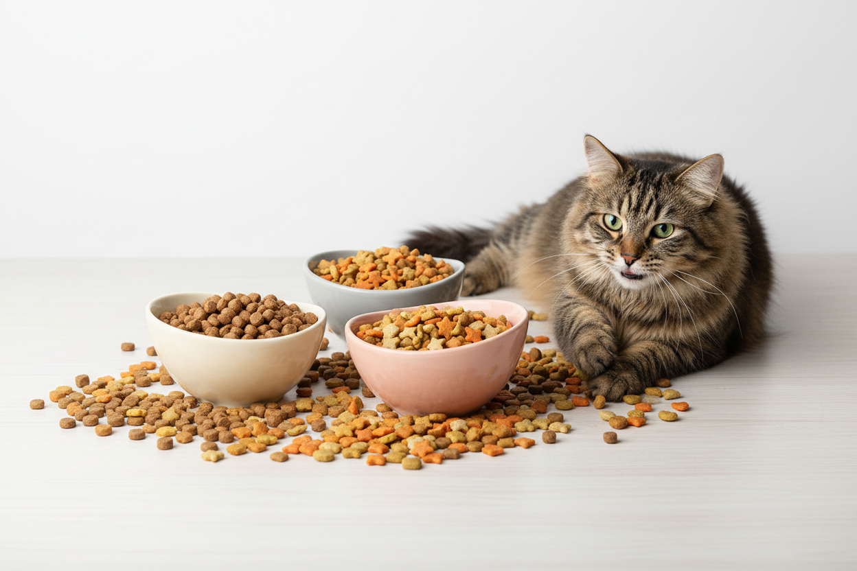 Kattenvoer droog in kommen met een kat, perfect voor de voeding van uw geliefde huisdier.