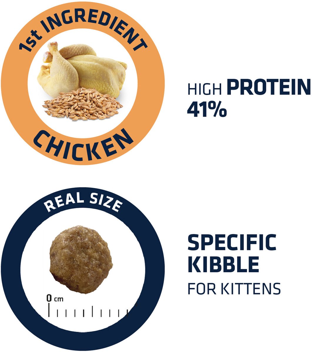 Advance Cat Kitten Kip en Rice 1.5 kg met hoge eiwitten en specifieke brokjes voor kittens.
