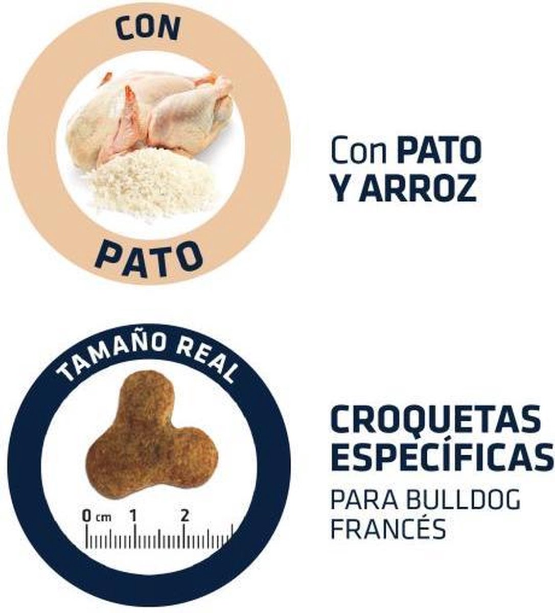 Afbeelding van de ingrediënten en grootte van Advance Adult French Bulldog 7.5 kg hondenvoeding met eend en rijst.