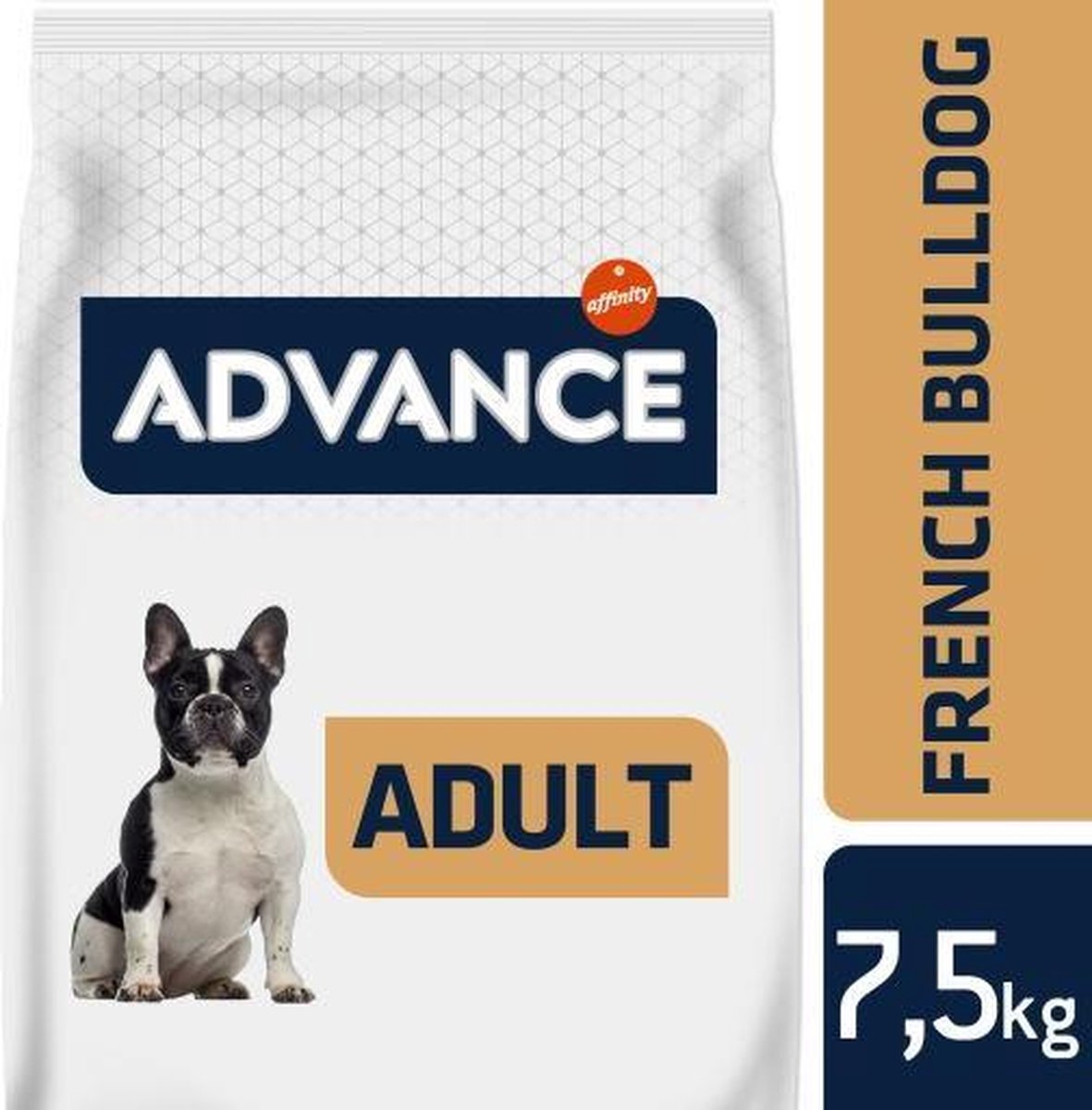 Advance Adult French Bulldog 7.5 kg hondenvoer verpakking voor Franse bulldogs met afbeelding van een Franse bulldog.