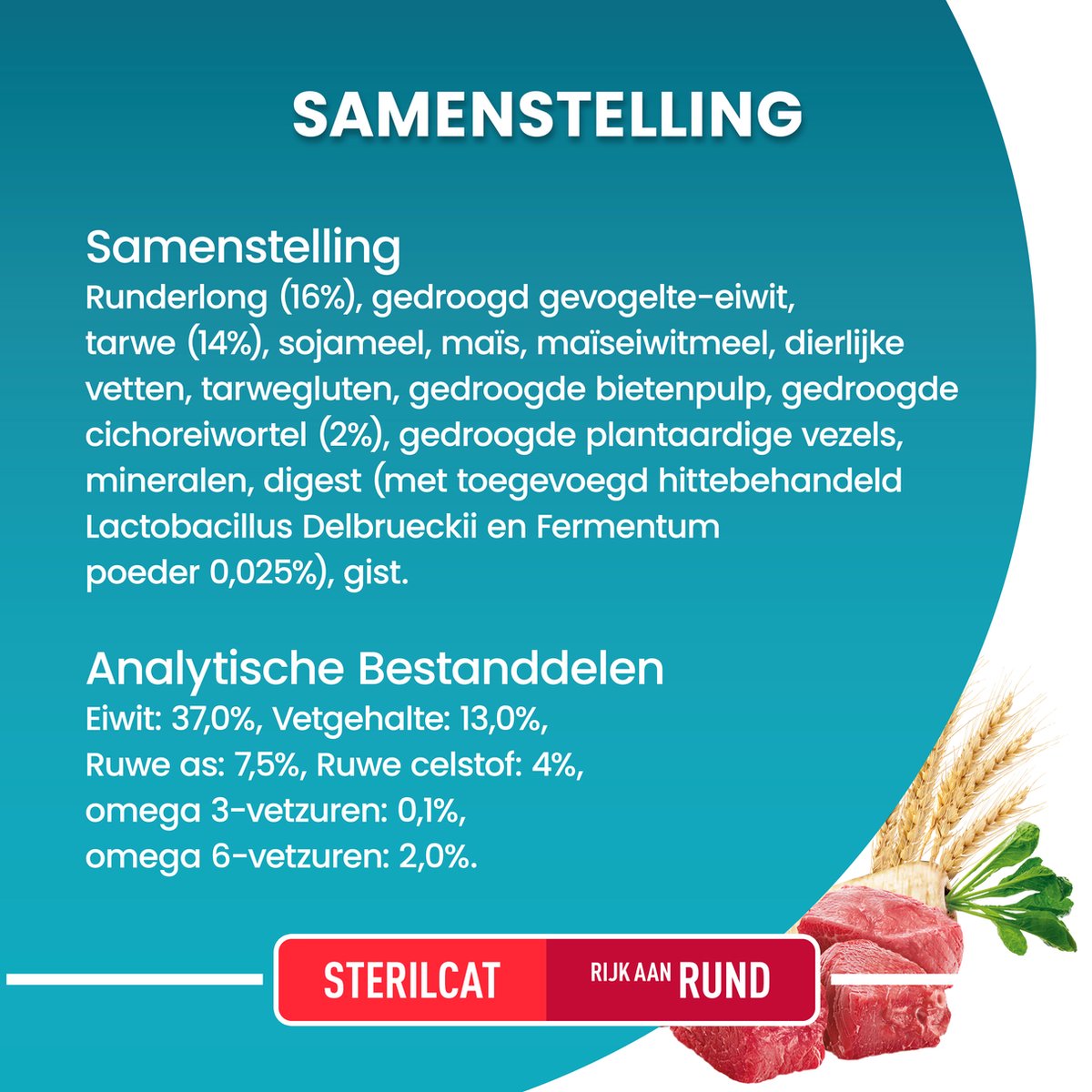Purina ONE Sterilcat Kattenvoer Droogvoer Rund & Tarwe 3 kg ingrediënten en analytische bestandsdelen.