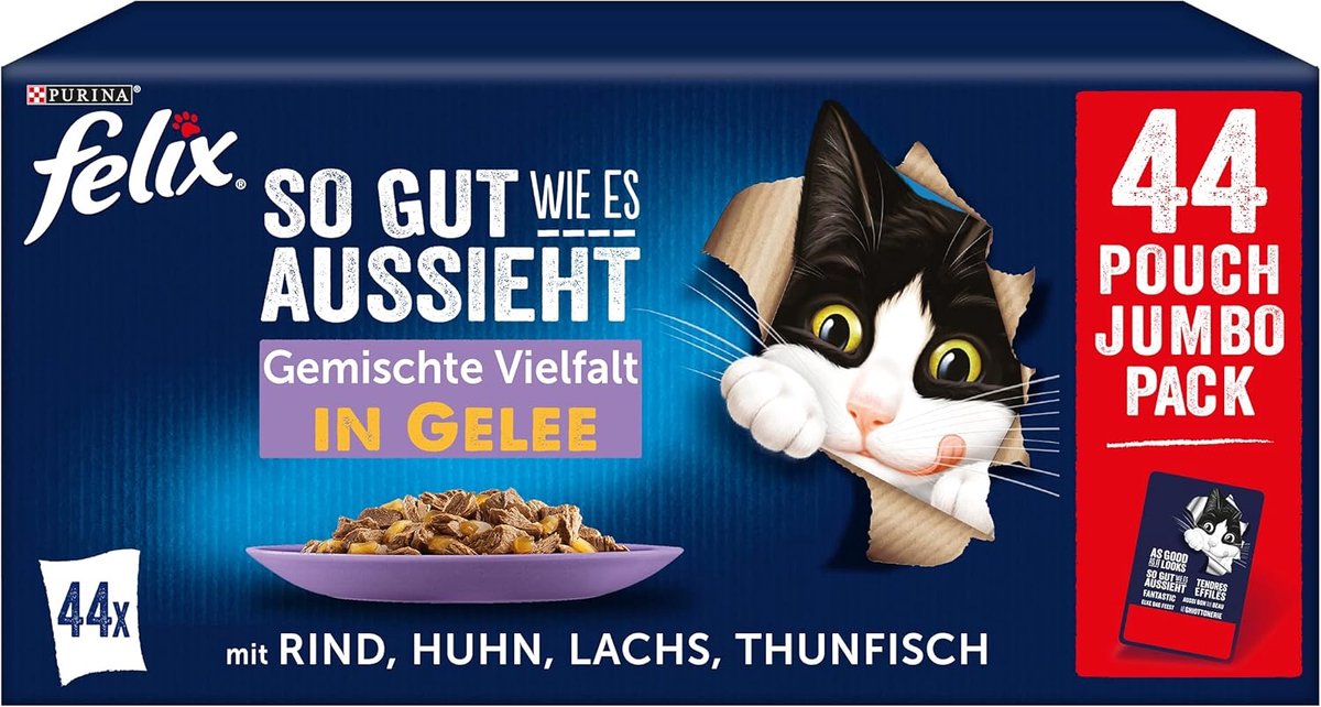 Felix kattenvoer natvoer met rund kip zalm & tonijn Multipack 44x85 g verpakkingsafbeelding met kattenvoer in gelei.