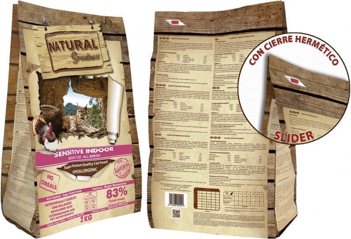 Natural Greatness Sensitive Indoor 2 kg kattenvoer zak met hypo-allergene recept en 83% vlees