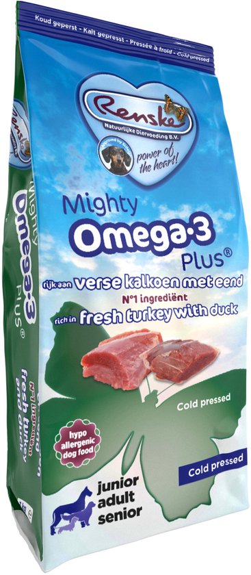 Renske Mighty Omega Plus Kalkoen en Eend Geperst 12 kg verpakking met koudgeperste voeding voor honden.