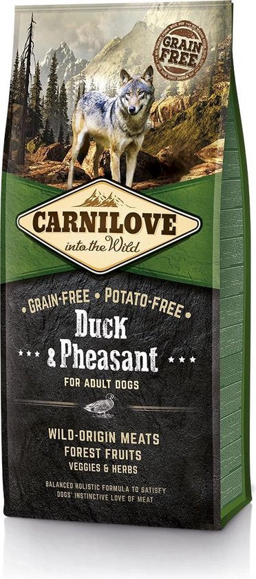 Carnilove Hondenvoer graanvrij Duck en Pheasant Adult 12 kg, graan- en aardappelvrij hondenvoer met eend en fazant.