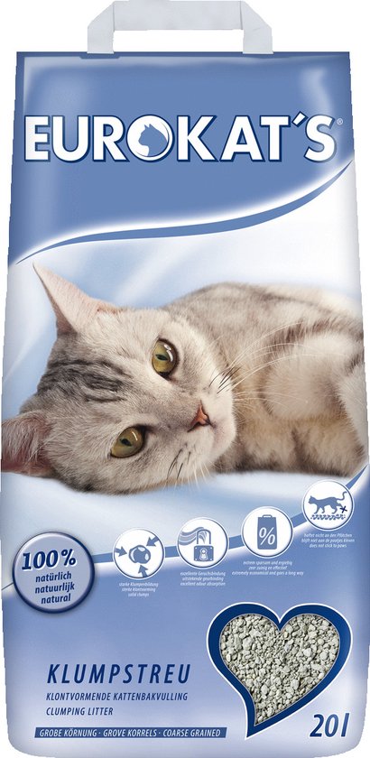Eurokat's Kattenbakvulling - 20 l verpakking met een kat op de voorkant en informatie over klontvormend kattengrit.