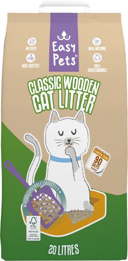 Easypets Houtkorrel Kattenbakvulling 20L - Biologisch Afbreekbare Houtkorrels verpakking met een katje.