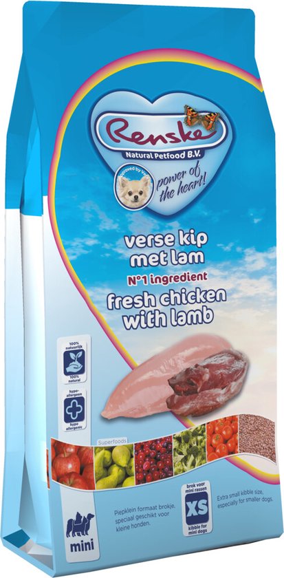 Renske Super Premium Mini Kip & Lam - hondenvoer - 2 kg verpakking met verse kip en lam ingrediënten.