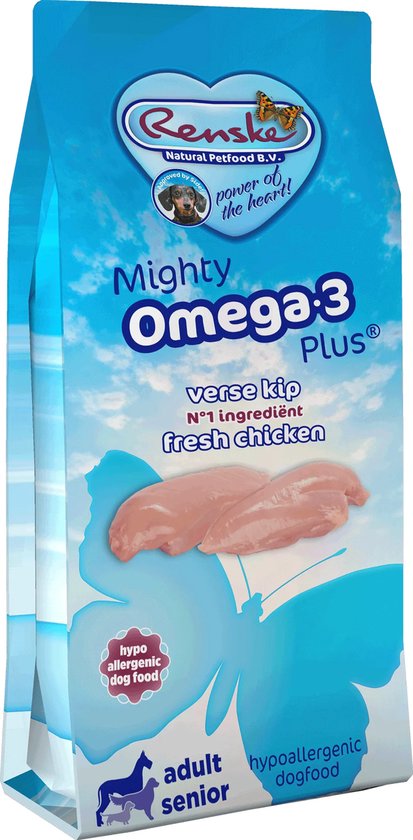 Renske Mighty Omega Plus - Hondenvoer Hypoallergeen - Kip 12 kg verpakking met verse kip ingrediënten.