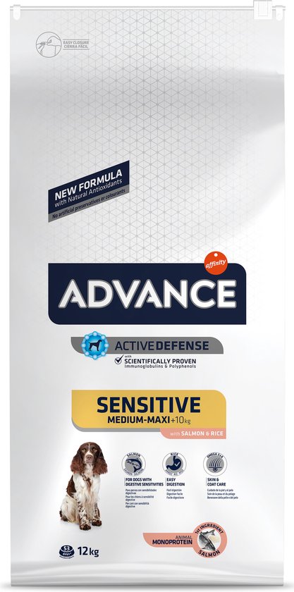 Advance Sensitive Salmon en Rice 12 kg hondenvoer voor gevoelige magen en huidproblemen.