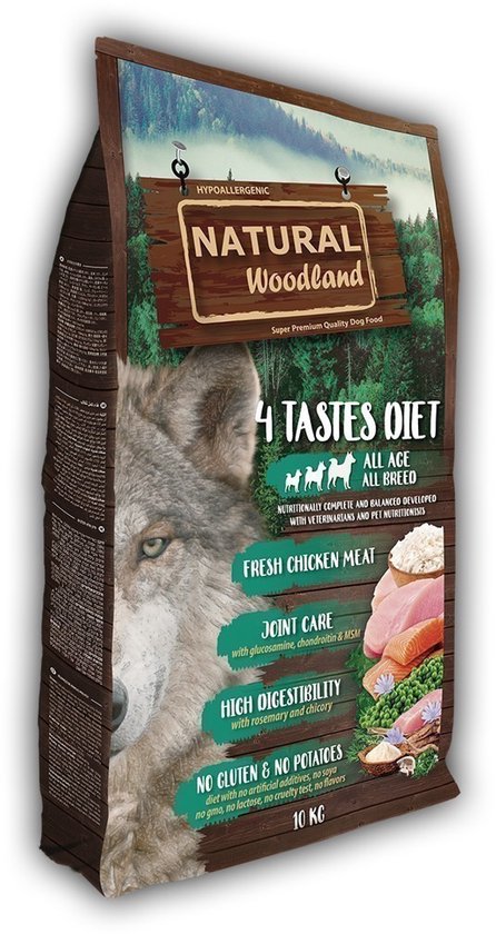 Natural Woodland glutenvrije hondenvoeding met kip in verpakking van 10 kg met vers kippenvlees en gezondheidsvoordelen.
