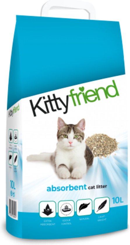 Kitty Friend Absorbents Kattenbakvulling 10 ltr verpakking met katten en korrels.