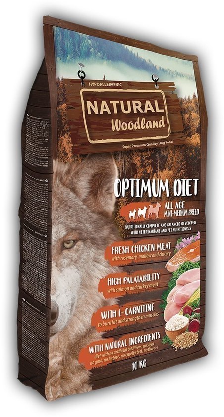 Natural Woodland Optimum Mini Medium Breed Diet 10 KG verpakkingsafbeelding met natuurlijke ingrediënten.