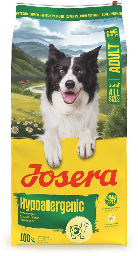 Josera Hondenvoer All Sizes Adult Hypoallergenic 12.5 kg verpakking met hond op de afbeelding.