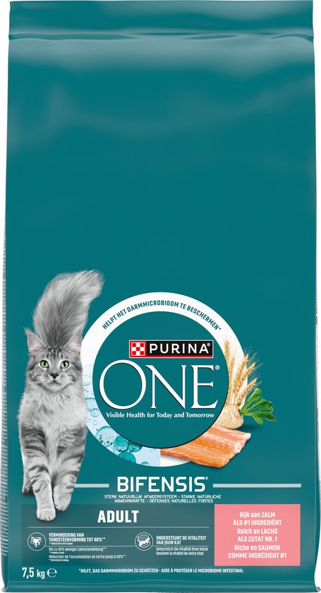 PURINA ONE Adult Kattenbrokjes Zalm & Volkoren Granen 7.5 kg verpakking met kat en Bifensis logo