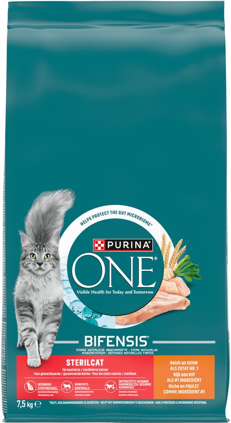 Purina ONE Adult - Kattenvoer - Kip & Volkoren Granen 7.5kg verpakking met afbeelding van een kat.