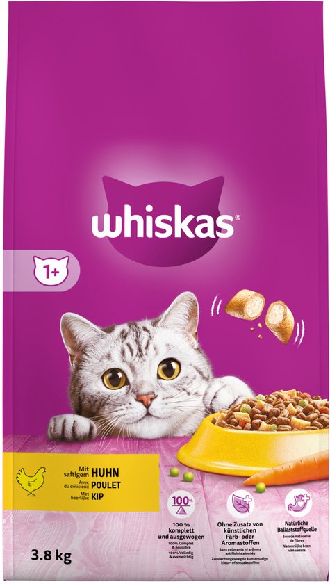 Whiskas 1+ Adult Katten Droogvoer - Kip - 3.8 kg verpakking met kat en voer.