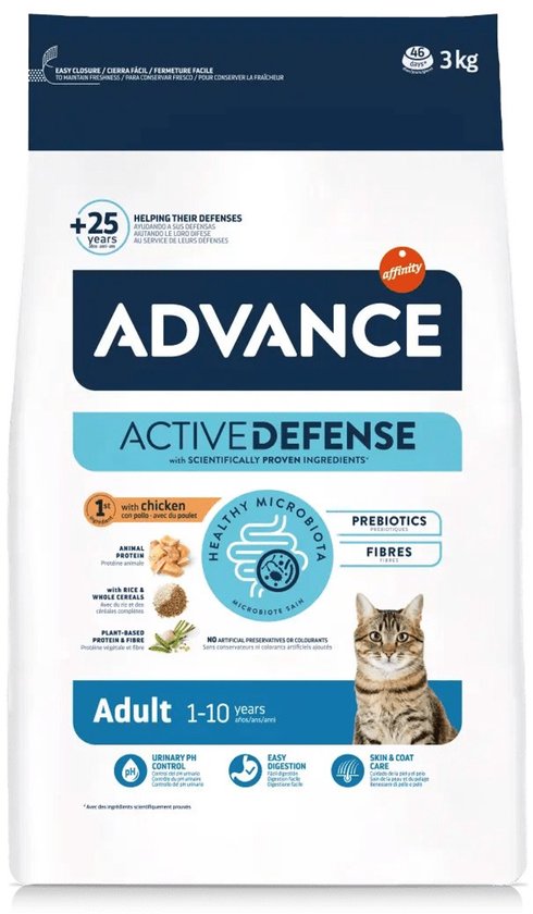 Advance - Adult - ChickenRice - Kattenvoer verpakking met afbeelding van kat en ingrediënten.