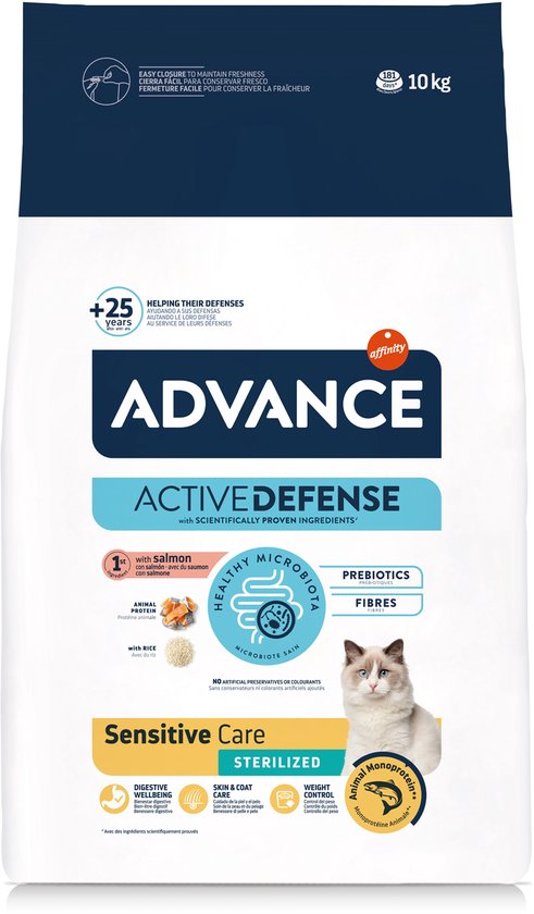 Advance Sterilzed Sensitive Salmon Kattenvoer 10 kg verpakking met zalm en voedingsinformatie voor katten.