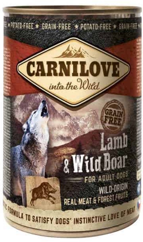 Carnilove hondenvoer nat in blik Lam en Wild Zwijn 6x400 gr met afbeelding van het product op verpakkingen.