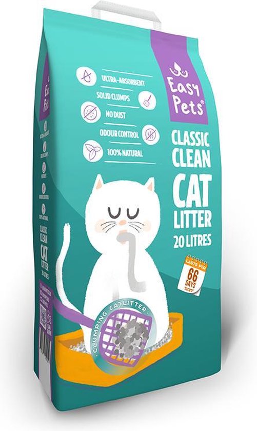 Easypets Classic Clean 20 ltr verpakking met afbeelding van blije kat en informatie over kattenbakvulling.