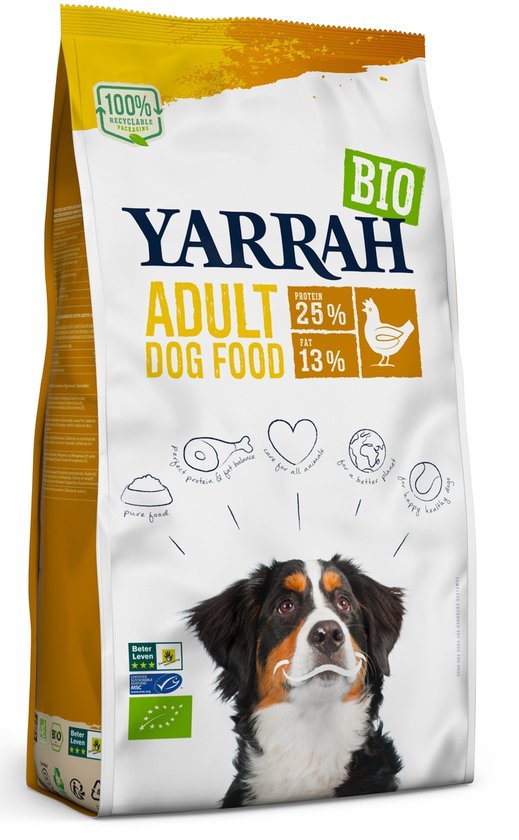 Yarrah Dog Biologische Brokken Kip 10 kg verpakking met biologisch hondenvoer voor volwassen honden.