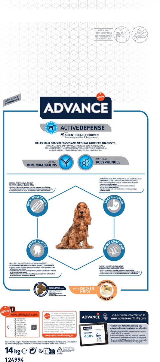 Advance Medium Adult Hondenvoer 14 kg verpakking met informatie over voeding voor middelgrote honden.