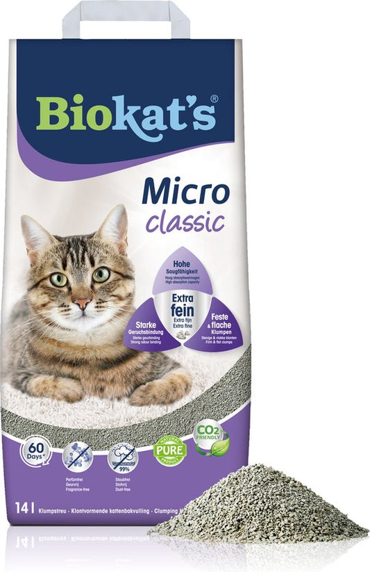 Biokat's Micro Classic kattenbakvulling verpakking met kat en korrels, geurbindend en klontvormend, 14l