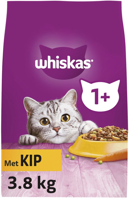 Whiskas 1+ Adult Katten Droogvoer - Kip - 3.8 kg verpakking met een kat en voer.