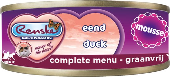 Renske Kattenvoer Mousse Eend 70 gr product label with duck flavor, grain-free complete menu for cats.