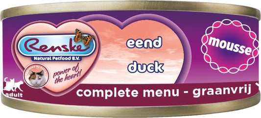 Renske Kattenvoer Mousse Eend 70 gr product label with duck flavor, grain-free complete menu for cats.