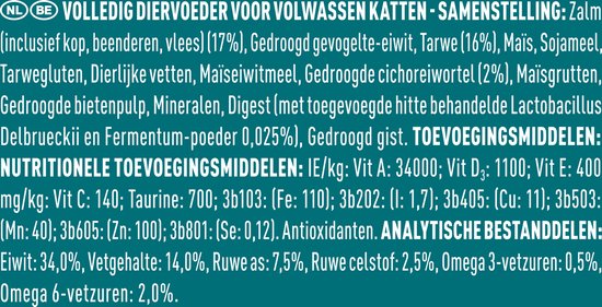 Ingrediënten en voedingsstoffen van PURINA ONE Adult Kattenbrokjes Zalm & Volkoren Granen 7.5 kg