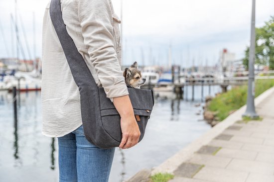 TRIXIE BE NORDIC HONDENTAS INGRID ZWART 40X15X30 CM met een hondje in de tas tijdens een wandeling aan het water.