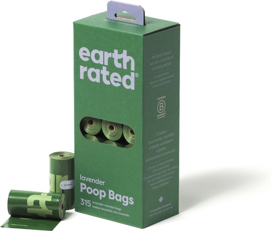 Gerecycleerde poepzakjes lavendel in verpakking, 21X15 stuks, gemaakt van 65% gerecycled materiaal.