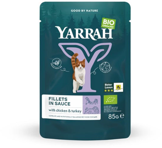 YARRAH BIOLOGISCHE KATTENVOER FILETS MET KALKOEN IN SAUS 14X85 GR verpakking met kat en logo.
