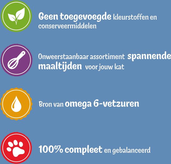 Geen toegevoegde kleurstoffen en conserveermiddelen, onweerstaanbaar assortiment spannende maaltijden voor jouw kat.