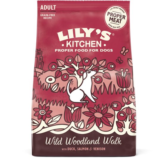 Lily's Kitchen Hondenvoer met Eend Zalm en Hert 12 kg verpakking met illustraties van natuur en dieren