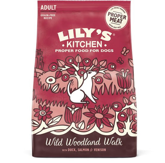 Lily's Kitchen Hondenvoer met Eend Zalm en Hert 12 kg verpakking met illustraties van natuur en dieren