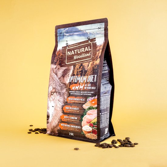 Natuurlijke Woodland Optimum Mini Medium Breed Diet 10 KG voordeelzak met gezonde ingrediënten voor honden.