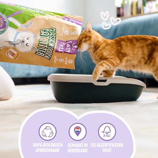 Easypets Houtkorrel Kattenbakvulling 20L - Biologisch Afbreekbare Houtkorrels, kat geniet van schone kattenbak en verpakking.