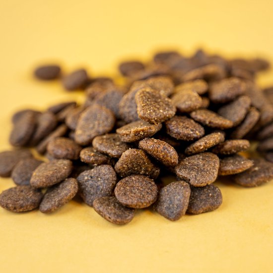 Natural Woodland glutenvrije hondenvoeding met kip hondenvoer brokjes op een gele achtergrond