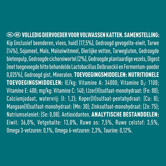 Ingrediëntenlijst voor PURINA ONE Sterilcat - Kattenbrokjes - Kip & Tarwe - 7.5 kg met voedingsinformatie.