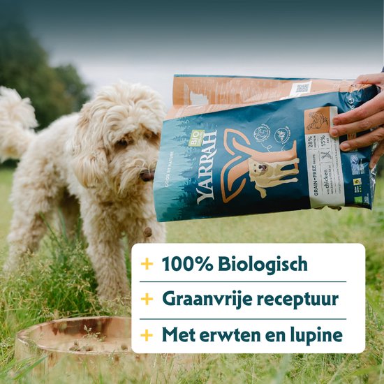 Yarrah Dog Biologische Brokken Graanvrij Kip en Vis 10 kg verpakking met hond in het gras.