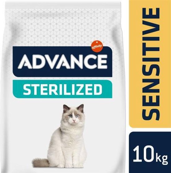 Advance Sterilzed Sensitive Salmon Kattenvoer 10 kg verpakking met kat en duidelijke etiketten