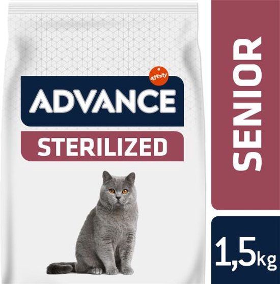 Advance - Sterilized Sensitive Senior 10+ Kattenvoer verpakking met kat en gewicht van 1,5 kg.